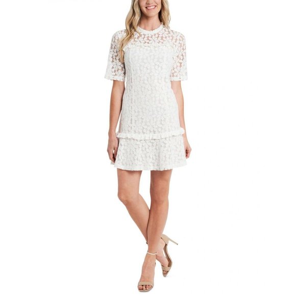 NWT Cece Womens Ruffle-Trimmed Lace Mini Dress 7060913 10 Soft Ecru White - Picture 1 of 2